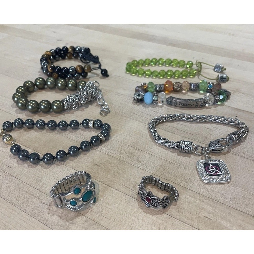 Stretch Beaded Bracelets 6 Piece Multicolor Assorted Bead Type 2 Rings Turquoise